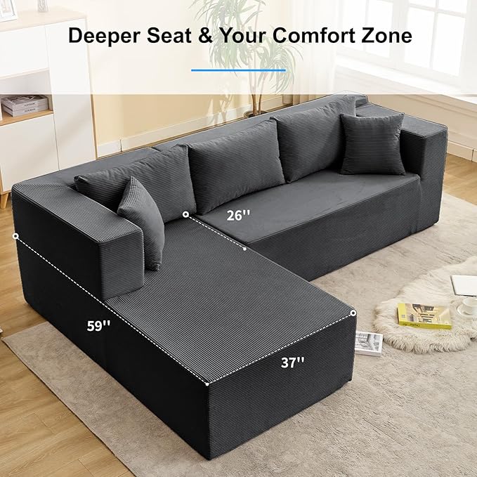 PUREMIND 106" Cloud Sectional Couch for Living Room, Corduroy L Shape Sofa with Deep Seat, Modular Boneless Foam Couch Corner Couches No Assembly Required