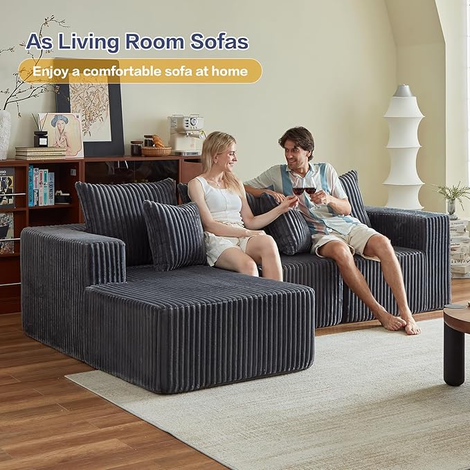 Boneless Couches for Living Room, 100.7" Cloud Sectional Couch with Oversized Chaise, L Shape Modular Couch Deep Seat, Corduroy Comfy Sofa for Bedroom, Compressed Sofa in a Box, Grey
