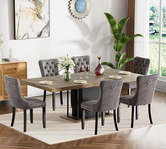 Goujxcy 78.7" Farmhouse Extendable Dining Room Table Set for 6, 7-Piece Rectangle Kitchen Dining Room Table Set with Wood Base and 6 Grey Velvet Dining Chairs, Extending Kitchen & Dining Table Set