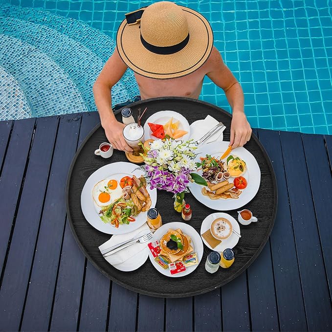 28 inch Round Solid Wood Serving Tray Extra Large Tea Coffee Snack Food Meals Serving Plate Non-Slip Kitchen Party Bar Server Ottoman Tray Breakfast Tray with Raised Edges Black