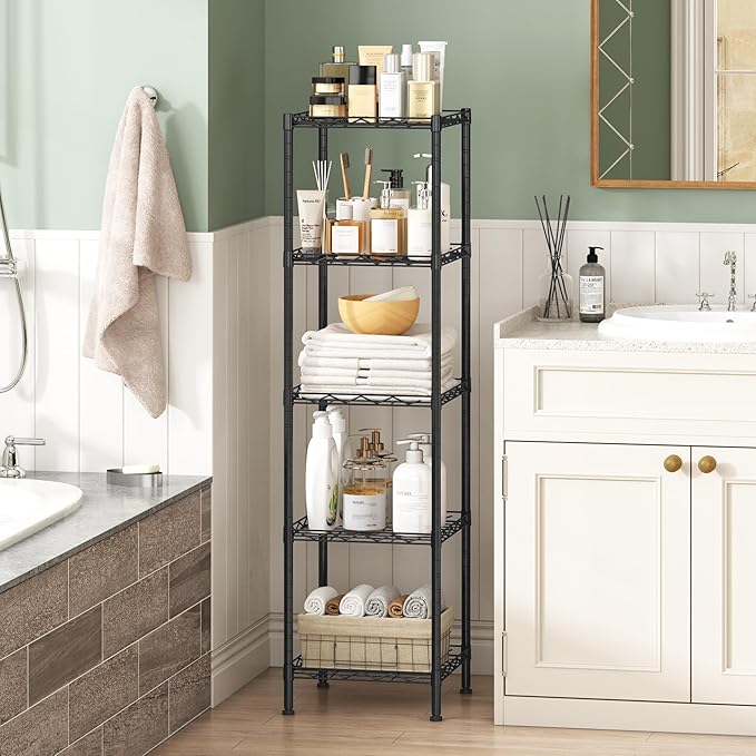 HOMEFORT Storage Shelves, 5-Wire Shelving, Metal Shelving Unit Adjustable Storage Shelves Rack for Kitchen, Pantry, Bathroom, Black, 11.4" W x 11.4" D x 46" H