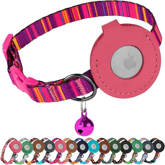 Airtag Cat Collar with Bell - Non Breakaway Soft Pet Collar with Leather Air Tag Holder - Adjustable GPS Anti-Lost Collars for Girl Boy Cats Kitten Puppies, Lightweight and Patterned (Serape Pink)