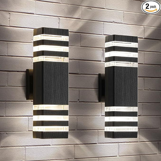 tewei Up and Down Outdoor Lights Exterior Wall Light Fixture, 3-Layer Black Modern Outdoor Lights for House, IP65 Waterproof Aluminum Exterior Wall Sconce for Porch Garage, Warm White 3000K, 2 Pack