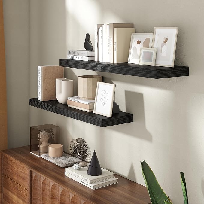 36 Inch Floating Shelves for Wall, 8 Inch Deep Floating Shelf for Storage & Display, Rustic Wall Mounted Shelf with Invisible Brackets for Living Room, Kitchen, Bathroom, Home Decor, Set of 2, Black