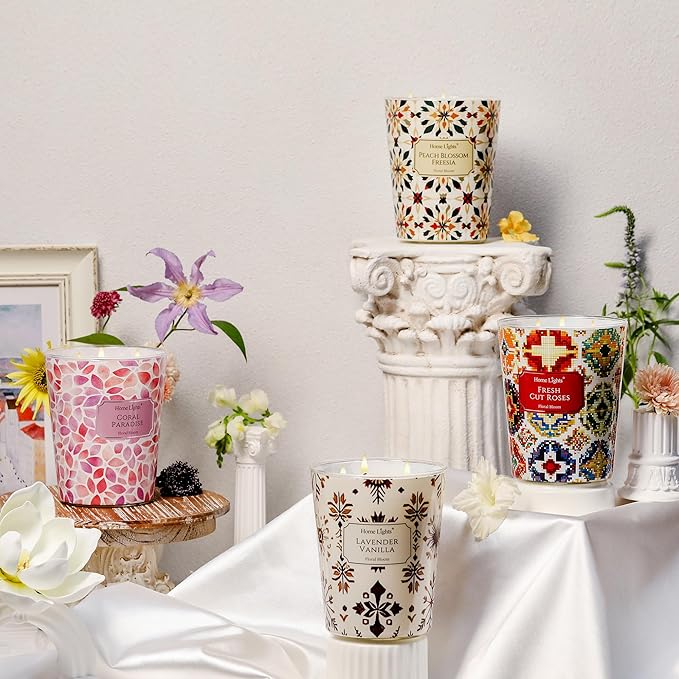 HomeLights 3-Wick Candles for Home Scented - 34oz Soy Wax Blend Candle Long-Lasting Fragrance, Bohemian Natural Textures Home Decor and Housewarming Gifts, Fresh Cut Roses