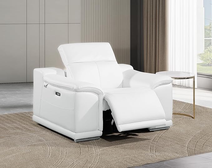 Blackjack Furniture Venice Top Grain Italian Leather Power Recliner Chair with Adjustable Headrest Modern Luxury Seating for Living Room Lounge, White