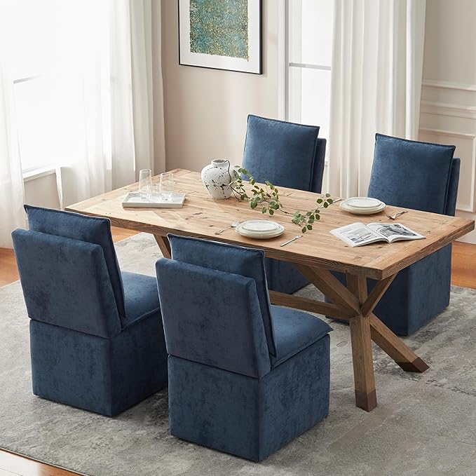 VKNOW Upholstered Dining Chairs Set of 4, Modern Rolling Chairs with Storage and Wheels, Linen Armless Chair with Cushion and Backrest, Dining Room Chairs for Living Room Kitchen Bedroom, Nav