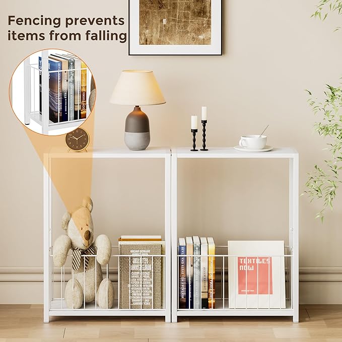 Narrow Side Tables Set of 2 with Magazine Holder, Skinny End Tables Perfect for Small Spaces, Space-Saving Design for Living Room, Bedroom, or Office, 7.1" D x 16.9" W x 23.6" H, White