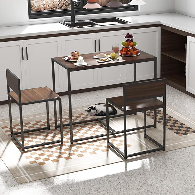 soges 3 Piece Dining Set for 2, Small Dining Table Set with 2 Chairs, Walnut Kitchen Table for Small Spaces, Breakfast Nook Set, Compact Apartment Dining Room Table