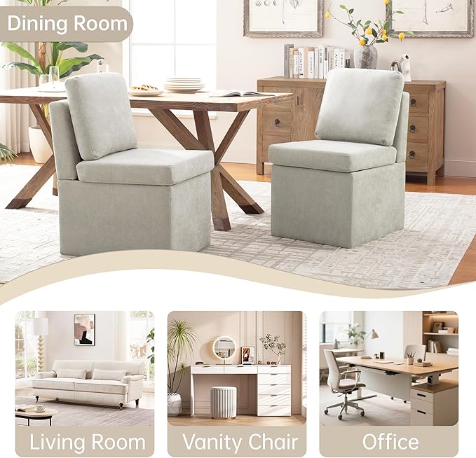 VKNOW Upholstered Dining Chairs, Modern Kitchen Chairs with Storage, Linen Armchair Dining Room Chairs for Kitchen Room (Light Grey, Set of 2)