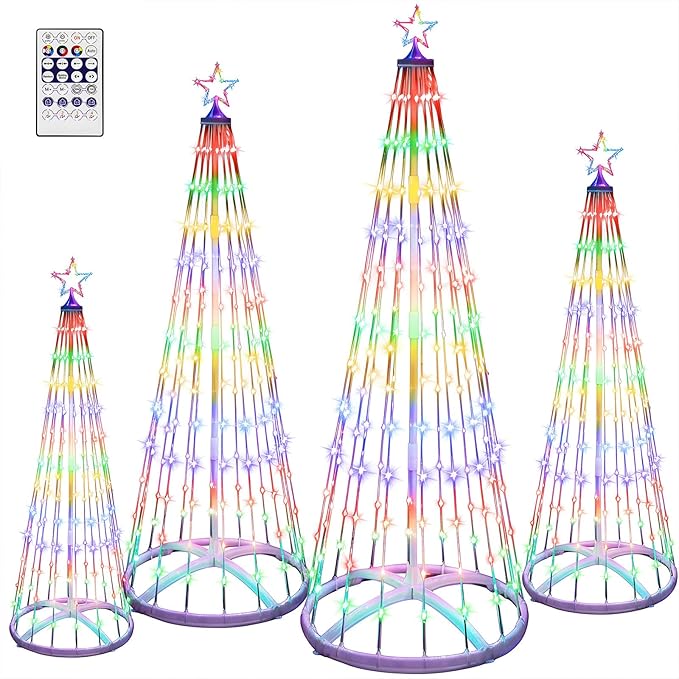 4 Pack 4/5/6/7 ft Christmas LED Cone Tree Lights Outdoor Decorations 24 Modes Color Changing with Timer Foldable Lighted Yard Trees Waterproof String Lights Holiday for Christmas New Year Xmas