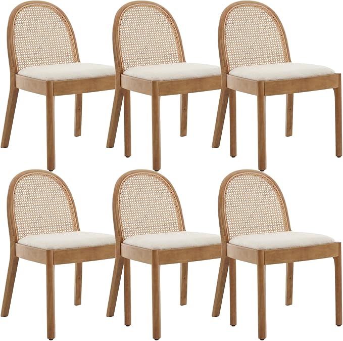 Mid Century Dining Chairs Set of 6, Accent Rattan Side Chairs Sherpa Fabric Kitchen Chair with Solid Wooden Legs for Living Room Dining Room, White