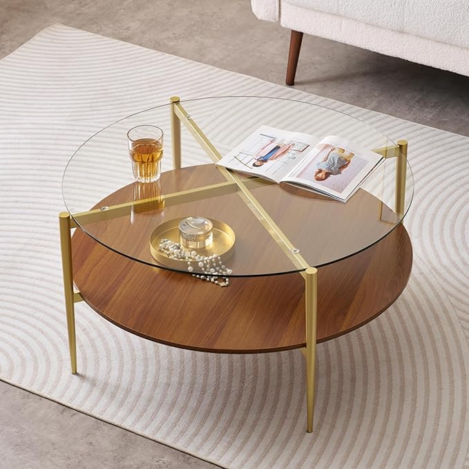 Extra Large Round Coffee Table, Mid-Century Modern Design, D34 x H17 in, for Living Room, 2-Tier Structure, Clear Glass Top and Walnut MDF Shelf, Sleek Conical Metal Legs with Gold Finish