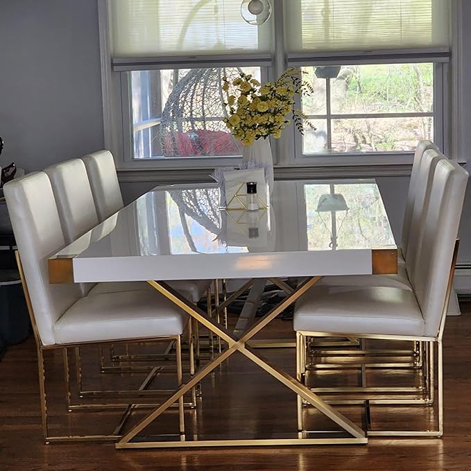 AUZ Dining Chairs Set of 8, White Faux Leather Dining Room Chairs with Gold Stainless Steel Sled Legs
