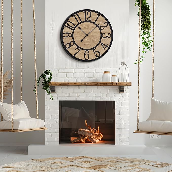 Large Wall Clock for Living Room Decor, Non Ticking Silent, Battery Operated Modern Vintage Wood Wall Clock Oversized Decorative Wall Clock for Bedroom Kitchen Farmhouse Office Decor