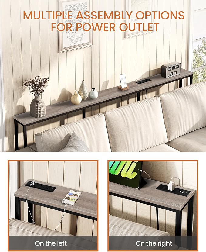 78.7" Narrow Console Table with Power Outlet 7.1" Skinny Sofa Table, Long Behind Couch with Charging Station for Hallway, Living Room Greige and Black TXG20UBG