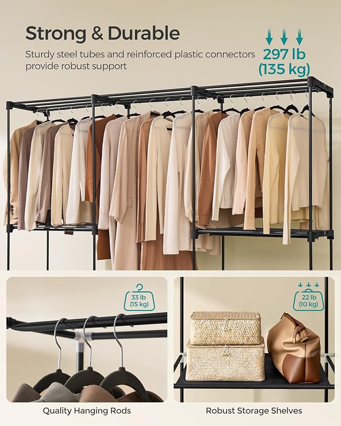 SONGMICS Portable Closet, Freestanding Closet Organizer, Clothes Rack with Shelves, Hanging Rods, Storage Organizer, for Cloakroom, Bedroom, 80.7 x 17.1 x 65.4 Inches, Black URYG035B01