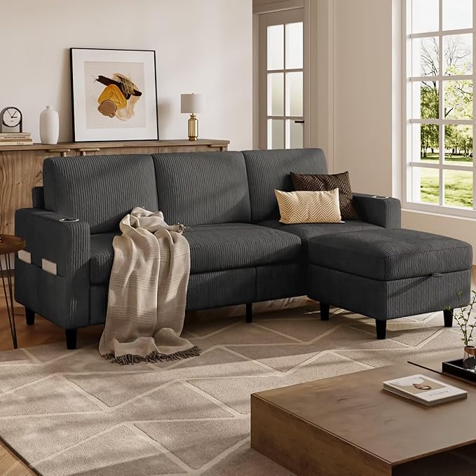 Sectional Couches for Living Room, L Shaped Couch with 2 Cup Holders, Small Sofa Corduroy Couch with Storage Ottoman, Modern 3 Seater Convertible Sofa for Apartment, Office, Dark Grey