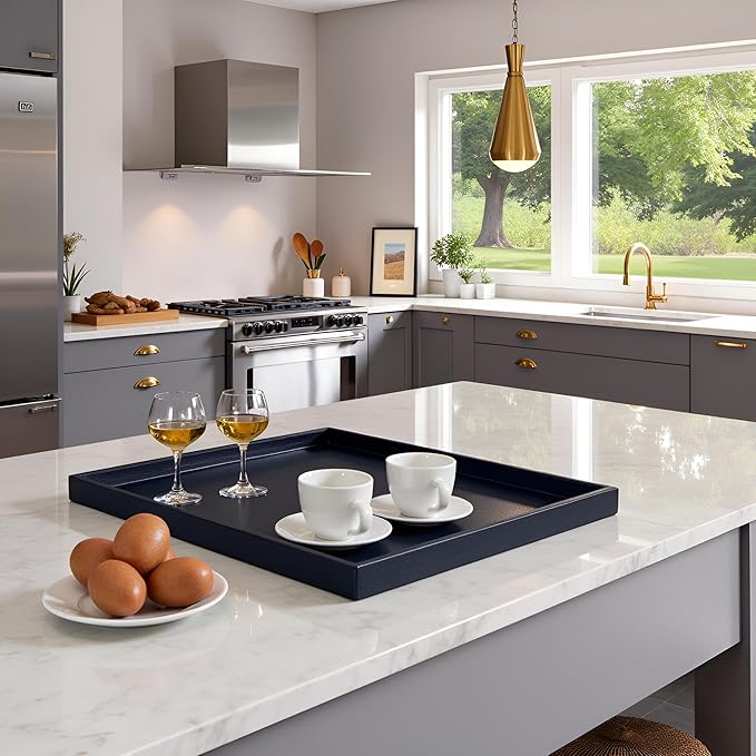 25 * 25 inches Luxury Leather Square Oversized Service Tray, Ottoman & Coffee Tray for Family Dinner, Out-of-House Picnic & Party （25 inch Black）