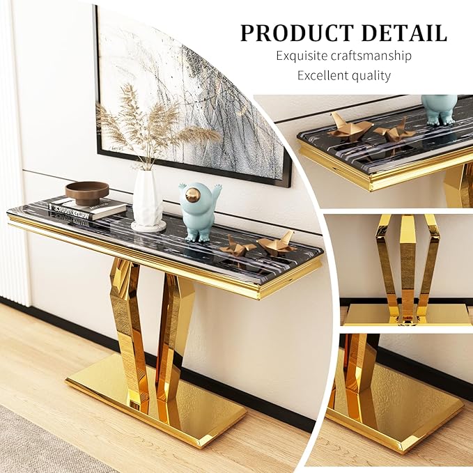 Asday Modern Console Sofa Table for Entryway, Black and Gold Console Table Narrow Long Hallway Tables for Living Room Office