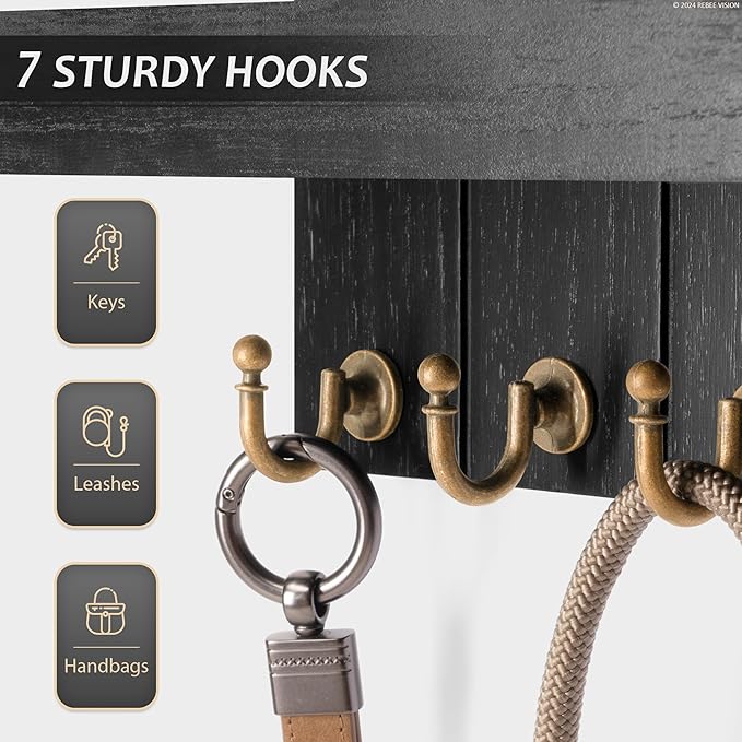 Rebee Vision Decorative Key and Mail Holder for Wall - Farmhouse 15 Inches Floating Shelf with 7 Sturdy Key Hooks for Home Entryway Wall Decor - Rustic Key Racks (Black)