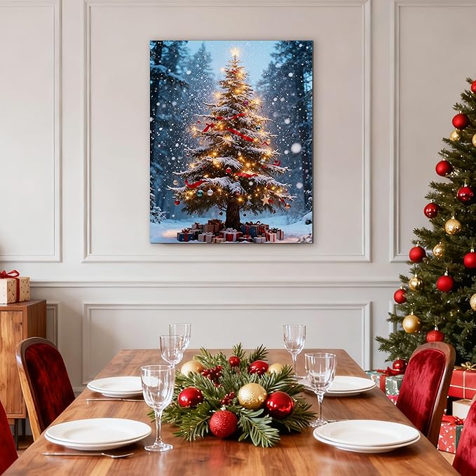 Framed Christmas Pictures Wall Decor,Vintage Pine Tree Prints,Winter Christmas Canvas Wall Art Decoration for Bedroom Bathroom Living Room Rustic Xmas Holiday Gifts (Christmas Tree 16, 24'' X 36'')