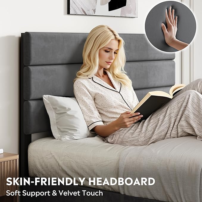 WLIVE Full Size Upholstered Bed Frame with 4 Drawers and Velvet Square Tufted Headboard, Sturdy Metal & Wooden Slats Support, No Box Spring Needed, Easy Assembly, Dark Grey