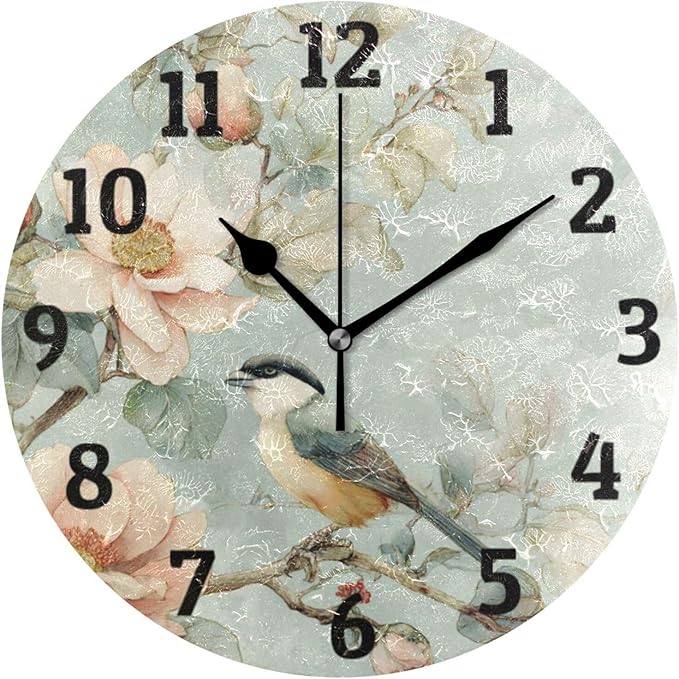 Birds Wall Clock Silent Non Ticking Wall Clock Decorative Battery Operated Wall Clocks 10 Inch for Home Kitchen Bedroom Living Room Office