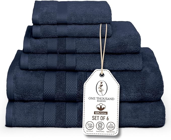 Premium Staple Cotton Bathroom Towel Set - Navy 600 GSM 6-Piece Luxury Bath Towel Set 3 Stripe - 2 Bath Towels, 2 Hand Towels & 2 Washclothes Set - High Absorbent & Quick Dry for Gym, Spa, Hotel