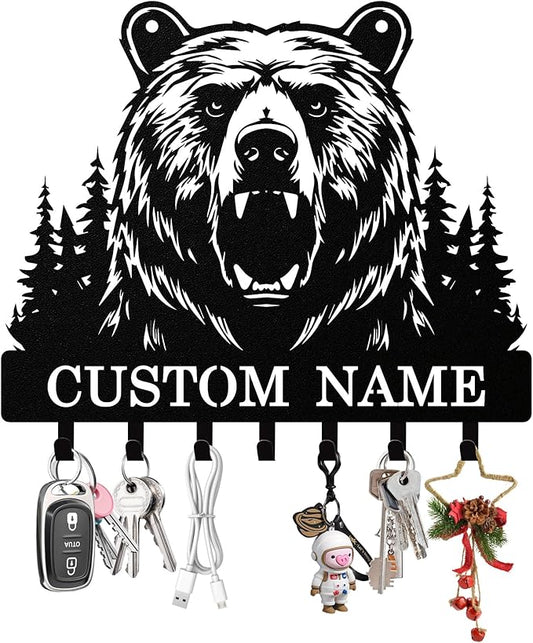 Personalized Bear Key Holder Wall Mount, Custom Metal Keys Hanger for Wall with Name, Custom Key Rack Holder with Hooks for Home, Entryway, Front Door, Living Room, Kitchen, Bathroom