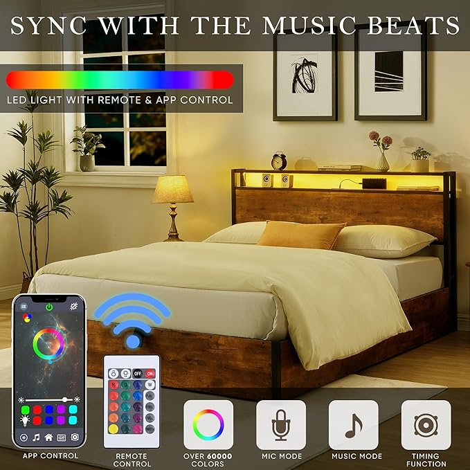 KEIKI Full Lift up Storage Bed Frame with Bookcase Headboard & Charging Station & LED Lights, Wooden Platform Bed Frame, No Spring Box Needed, Rustic Brown