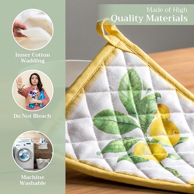 Maison d' Hermine Pot Holders 100% Cotton Heat Resistant Potholders 8" x 8" Hot Pads with Loop BBQ, Cooking, Baking, Grilling, Kitchen, Handling Hot Pans Spring/Summer (Pack of 1, Limoncello)