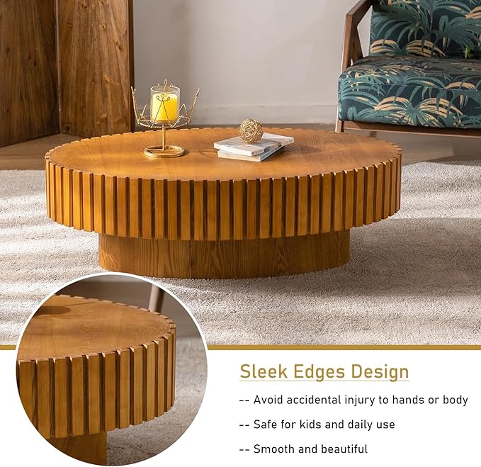 Oval Drum Coffee Table 43.3" Wooden Coffee Tables Handcrafted Fluted Drum Coffee Table Mid Century Modern Luxury Center Table Vintage Farmhouse Center Table for Living Room (Oval Wood)