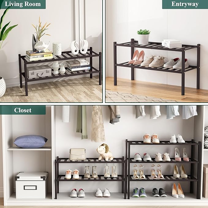 Smiry Shoe Rack, 6 Tier Bamboo Shoe Organizer, Stackable Free Standing Wooden Shoe Storage Shelf for Closet, Entryway, Front Door Entrance, Brown