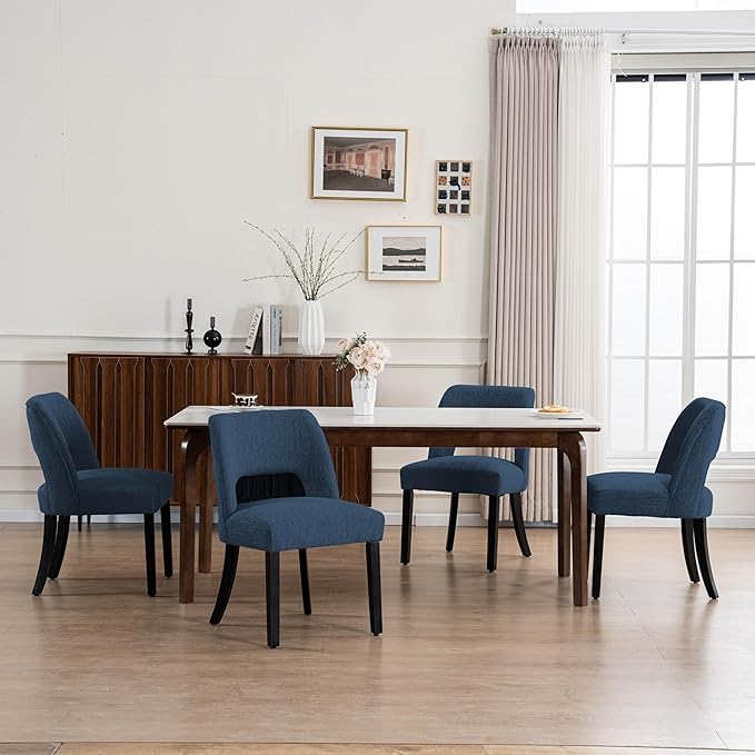 VKNOW Wooden Dining Chairs Set of 4, Modern Fabric Upholstered Dining Room Chair Kitchen Chairs, Farmhouse Dinner Chair for Kitchen Dining Room, Blue-Black Legs