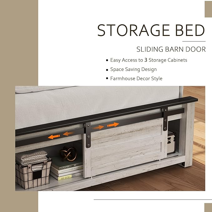 Wooden Bed Frame Queen Size with Headboard & Sliding Barn Door Storage Footboard, Farmhouse Platform Bedframe with Charging Station, No Box Spring Needed (Boho White, Queen)