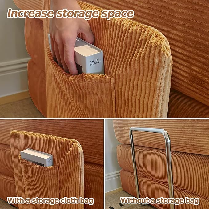 98.4''Convertible Sleeper Sofa Bed,Compressed Floor Boneless Couch,Modular Modern Corduroy Sofa for Living Room Bedroom -with Fixed-Shape Frame and Support Armrest,Easy Assembly(Yellow)