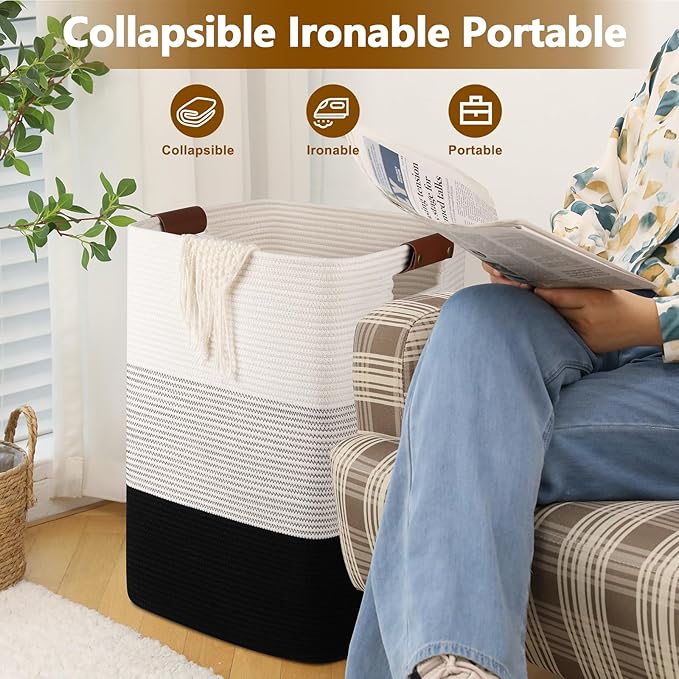 Laundry Hamper 96L Extra Large Laundry Basket, Woven Blanket Basket, Cotton Woven Storage Hamper with Handles for Living Room, Large Baskets for Pillows, Blankets, Clothes-Gradient Black