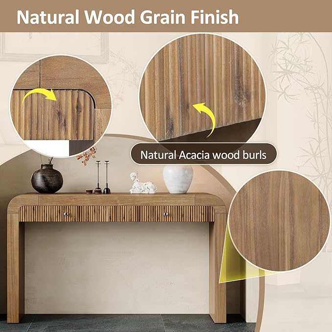 54.3" Curved Console Table with Fluted Drawer, Rustic Entryway Table and Thick Legs, Sturdy Sofa Table for Hallway & Living Room Wood (Natural)
