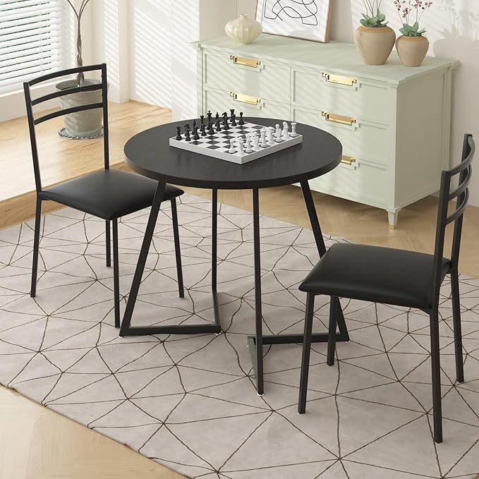 VECELO Small Round Kitchen Table with 2 Upholstered Chairs, 3-Piece Wood Dinette Sets with Steel Frame for Breakfast Nook, Dining Room, and Small Space, Wood-Grain Black