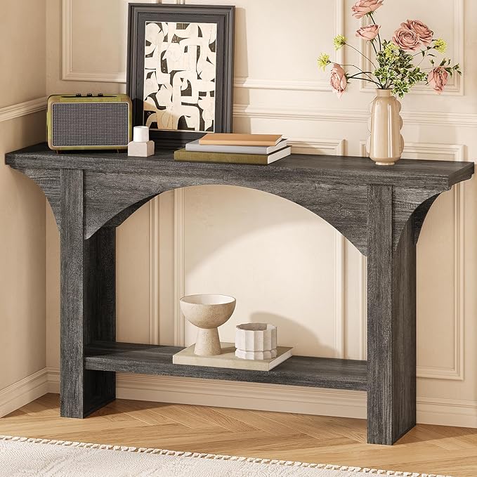55 Inches Console Table,2 Tier Farmhouse Entryway Table,Narrow Wood Accent Tables with Storage Shelves for Living Room,Entrance,Hallway,Foyer (Gray)