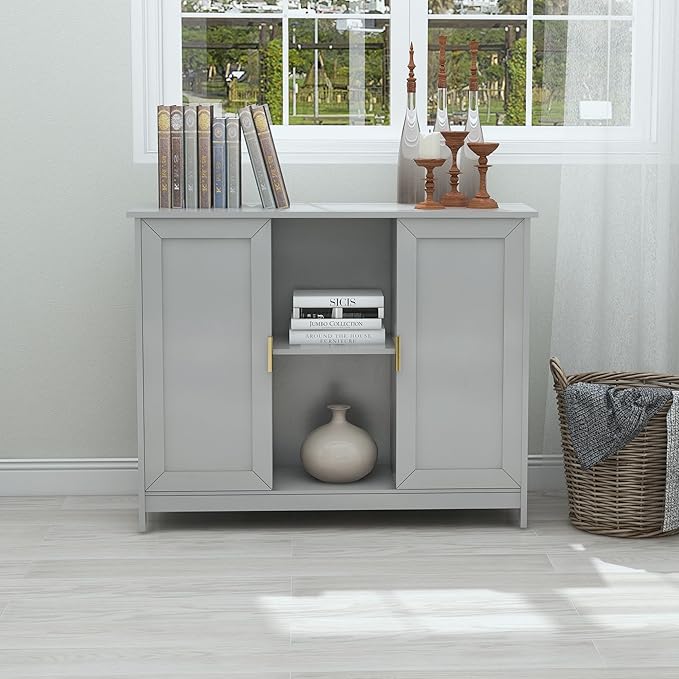 TaoHFE Grey Kitchen Pantry, Modern Wooden Small Credenza Sideboard Coffee Station, Storage Small Cabinet with Doors and Shelves for Kitchen