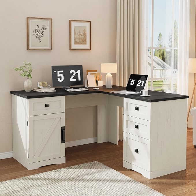 GarveeHome 60" Executive L Shaped Desk, Farmhouse Home Office Desk with File Drawers and Storage Cabinet, Corner Computer Desk with Adjustable Side Storage Cabinet (Black)