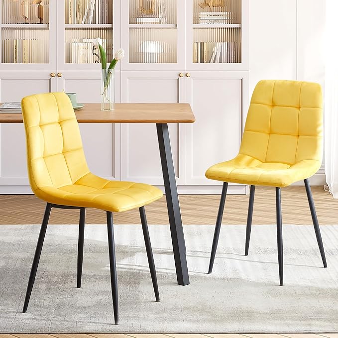 Velvet Dining Chairs Set of 4 - Yellow Dining Room Chairs with Metal Legs Ideal for Kitchen, Dining Room - Kitchen Chairs Set for 4