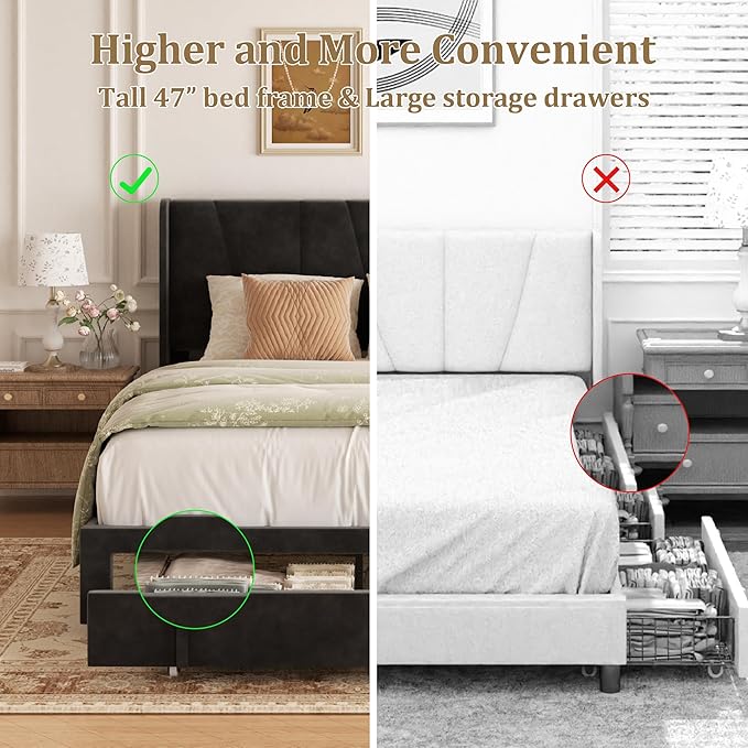 Full Bed Frame with Storage Drawers, Upholstered Full Size Platform Bed with 47" Tall Headboard and Wingboard, No Box Spring Needed, Noise Free, Easy Assembly, Wooden Support Slats, Black