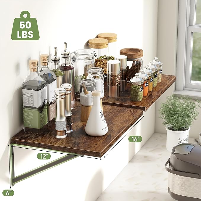 Heimlove 12 Inch Deep Floating Shelves for Wall, 16W x 12D Wide Floating Shelves Heavy Duty Wall Mounted Shelves, Wood Shelves for Living Room Bedroom Bathroom Kitchen- Set of 4