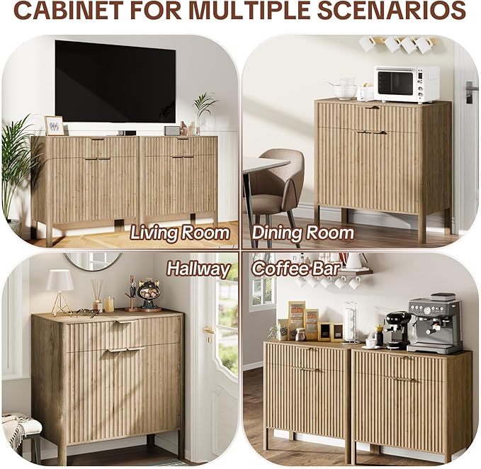 Sideboard Buffet Cabinet with Storage - Modern Fluted Credenza with Doors & Drawer, Accent Cabinet Coffee Table Bar Counter Bookcase for Living Room Kitchen Dining Room Entryway 31" H Oak