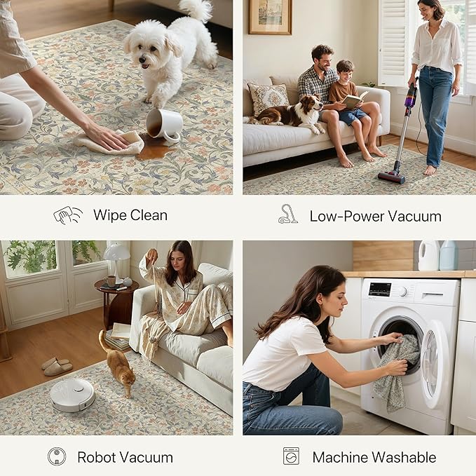 GENIMO 5x7 Washable Area Rug, Non-Slip Vintage Boho Floral Carpet, Soft Low-Pile Thin Bedroom Rug for Living Room, Dining Room, Nursery, Beige Blue