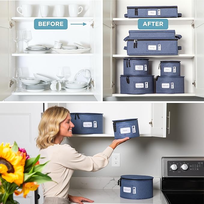 Hard Shell China Storage Containers 12-Piece Set Moving Boxes for Dinnerware, Glasses, Plates, Mugs and Saucers Sturdy Dish Organizer with Dividers for Seasonal Storage - Service for 12 - Denim Blue