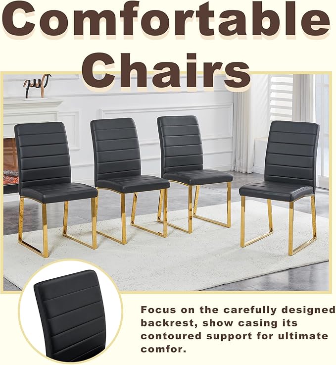 Modern Dining Chairs Set of 2, White Faux Leather Kitchen Chairs, Upholstered Armless Dining Room Chair with Gold Mental Legs Heavy Duty, Comfortable (Black and Gold, Set of 2)